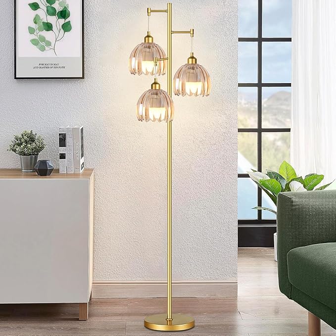 Gold Floor Lamp for Living Room,Bedroom,Tree 3 Light Standing Lamp Mid Century Modern Brass Tall Floor Lamps Vintage Retro Floor Lights Glass Flower Amber Lamp Shade Farmhouse Boho Bohemian-Ruum Studio Home