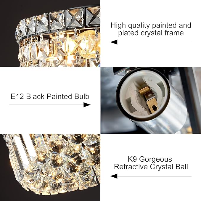 4-Light Black Crystal Chandeliers Flush Mount Chandelier Light Fixture with K9 Crystals Modern Ceiling Lights Elegant Round Lamp for Bedroom,Hallway,Bar,Living Room,Dining Room,H5.9 xW13.7-Ruum Studio Home