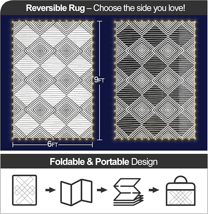 6x9ft Waterproof Outdoor Rug with LED Lights, Foldable Reversible Plastic Straw Mat for Patio RV Camping Picnic Balcony Beach Deck Indoor Outdoor Carpet, Black&White-Ruum Studio Home