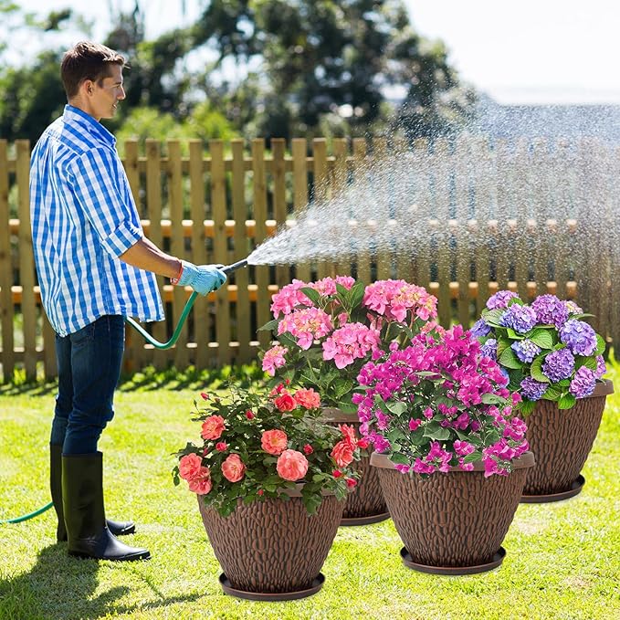 4 Pack 12 Inch Pots for Plants, Plastic Outdoor Flower Pots with Drainage Hole & Tray, Large Planters for Garden Porch Home Indoor Outdoor Decor - Pebbles Pattern Design Plant Pots-Ruum Studio Home
