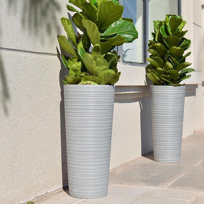 GreenShip 27" Tall Planters, Set of 2 – Black Outdoor Planter for Front Porch & Tall Plants, Weather-Resistant, with Drainage Hole & Rubber Plug (No Plants Included) (Light Gray)-Ruum Studio Home