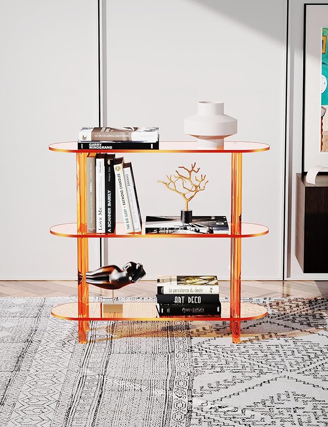 Clear Bookshelf, Acrylic Bookcase with Open Book Shelf for Office Living Room Bedroom (3 Tier Orange)-Ruum Studio Home