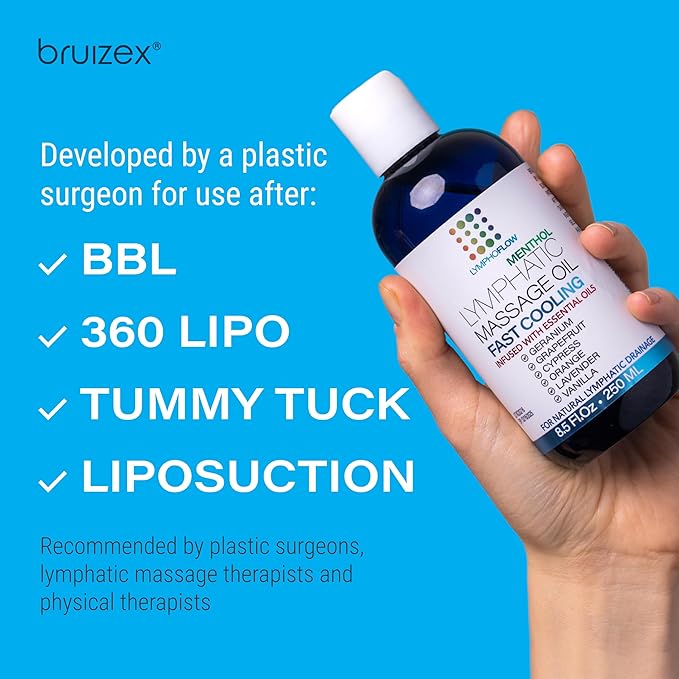 Lymphatic Drainage Massage Oil with Arnica & Coconut Oil, Cooling Menthol for Relief, Post Surgery Recovery & Lipedema, Liposuction, 360 Lipo, BBL, Tummy Tuck, Fibrosis Treatment, 8.5 Oz-Ruum Studio Home