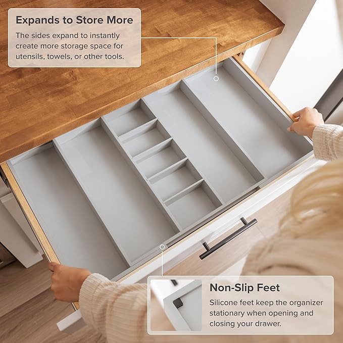 Adjustable Kitchen Drawer Organizer for Utensils and Junk, Food-Safe Contract Grade with 100% Sustainable Wood, Expandable from 19 to 33 Inches Wide - Gray Bamboo-Ruum Studio Home