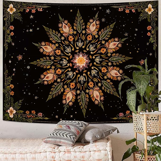 Fowocu Boho Floral Mandala Tapestry for Bedroom Aesthetic Vintage Bohemian Flower Wall Tapestry Black Green Hippie Indian Extra Large Tapestries Wall Hanging for Living Room Dorm Decor 90 x 68 Inch-Ruum Studio Home