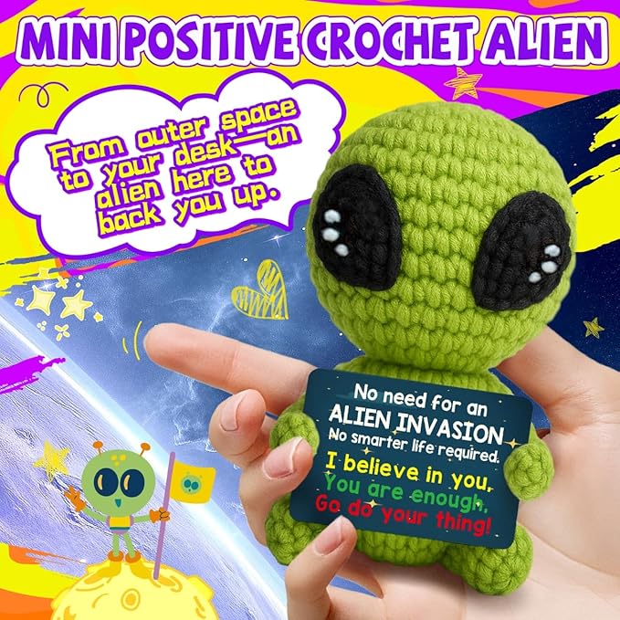 Cool Alien Decor Inspirational Gifts for Boys Girls Friends Positive Animal Crochet Alien for Daily Encouragement Self Affirmation Son Daughter UFO Geeky Decor-Ruum Studio Home