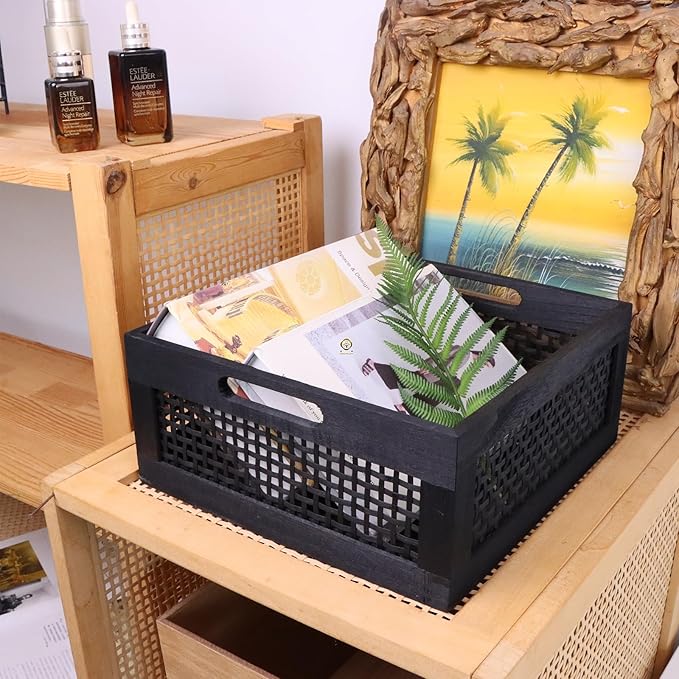 YRMT Wood Storage Crate Basket Rustic Wooden Storage Container for Organizing Decorative Bamboo Box with Handles for Pantry, Shelves Organizer 11.4" x 11.4" x 5" (Black)-Ruum Studio Home