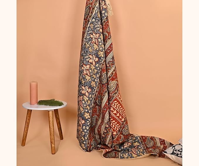 Handmade Cotton Floral Throw Blanket | Indian Block Print with Tassels | Boho Fringed Sofa & Bed Cover | 48x70 Inches Lightweight Decorative Throw for Couch, Living Room & Bedroom-Ruum Studio Home