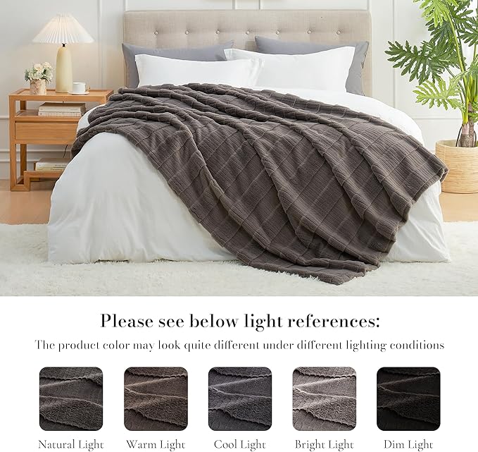 Amélie Home Luxury Striped Faux Fur Throw Blanket for Couch, Embossed Split Fur Cozy Fuzzy Fluffy Luxurious Soft Plush Sofa Chair Bed Gift Blankets for Women Men Wife Friend, 60"x80", Charcoal Gray-Ruum Studio Home