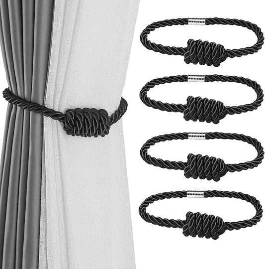 Fenghuangwu 4Pack Magnetic Curtain Tiebacks – Bohemian Style Handmade Woven Tie-Backs for Drapes,Elegant Exquisite Knot Holdbacks,Outdoor Boho & Modern Home Decor（Black-Ruum Studio Home