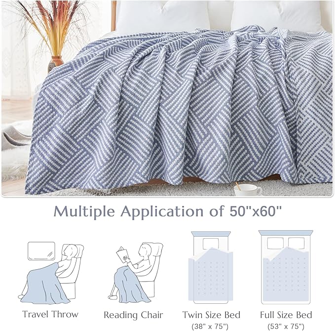 jinchan Boho 100% Cotton Blanket Muslin 50x60 Inches Lightweight 3-Layer Geometric Square Striped Pattern Reversible Quilt Throw Soft Breathable Comfy All Seasons for Couch Bed Decor, Blue-Ruum Studio Home