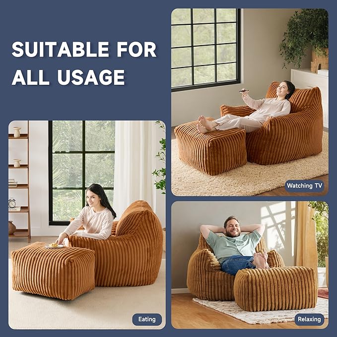 Giant Bean Bag Chairs for Adults, Oversized Chaise Lounge Chair Indoor with Memory Foam - Plush Boneless Lounger & Ottoman for Bedroom, Living Room, Gaming & Reading, Lazy Floor Sofa Chair, Orange-Ruum Studio Home