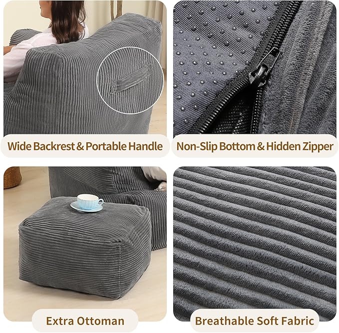 Comfy Gaint Bean Bag Chair with Ottoman, Huge Bean Bag Armchair for Adults and Teens, Dark Grey-Ruum Studio Home