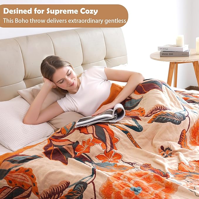Boho Throw Blanket, 100% Organic Cotton Breathable Soft Lightweight All Season Rustic Bed Throw - Floral Bird Farmhouse Decor Blanket for Sofa Couch Chair Quilt and Gift. 60" x 80"-Ruum Studio Home