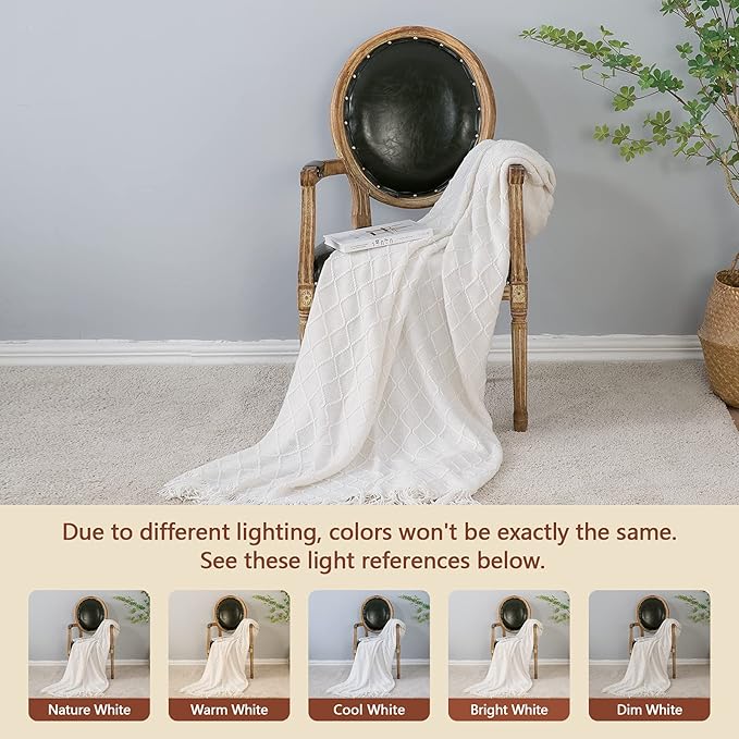inhand Knitted Throw Blankets for Couch and Bed, Soft Cozy Knit Blanket with Tassel, Off White Lightweight Decorative Blankets and Throws, Farmhouse Warm Woven Blanket for Men and Women, 60"x80"-Ruum Studio Home