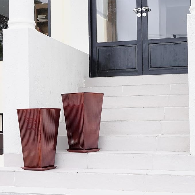 22in Vintage Handmade Metal Vertical Lines Copper Tapered Planters,Planter Box with Drainage Holes and Saucer -Set of 2, Galvanized Steel Planter for Indoor/Outdoor/Porch/Garden-Ruum Studio Home