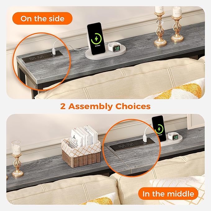 SUPERJARE Console Table with Outlet, 63 Inch Sofa Table with Charging Station, Narrow Hallway Entryway Table, Behind Couch Table Skinny for Entryway, Living Room, Plants, Charcoal Gray-Ruum Studio Home