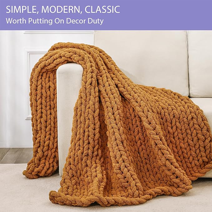 Bigacogo Chunky Knit Throw Blanket for Couch, 40x60 inches, 100% Hand Knitted with Thick Jumbo Chenille Yarn, Cozy Soft Large Rope Knot Cable Crochet Blankets for Sofa Bed Living Room, Burnt Orange-Ruum Studio Home