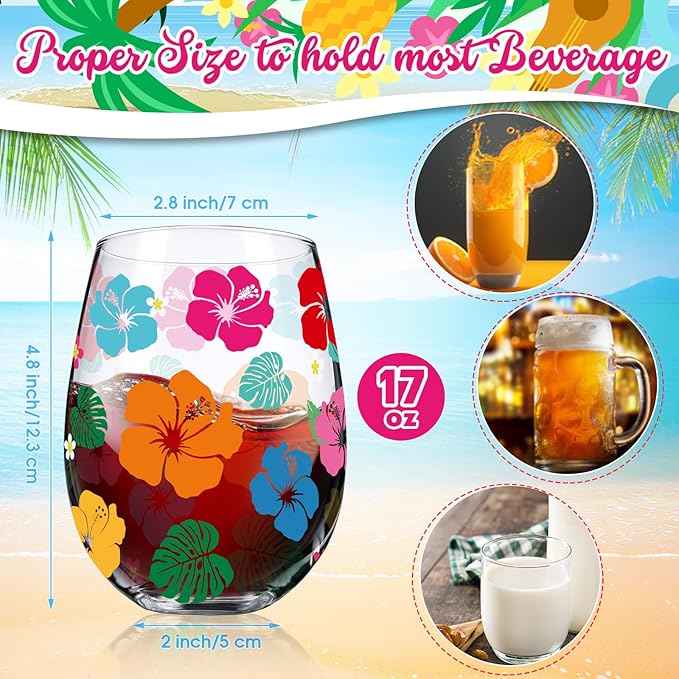 Sliner 2 Pack 17oz Summer Hawaiian Stemless Wine Glasses Aloha Stemless Wine Glass Luau Colorful Flowers Leaves Tumbler Cups for Hawaiian Tiki Party Supplies Birthday Gift-Ruum Studio Home