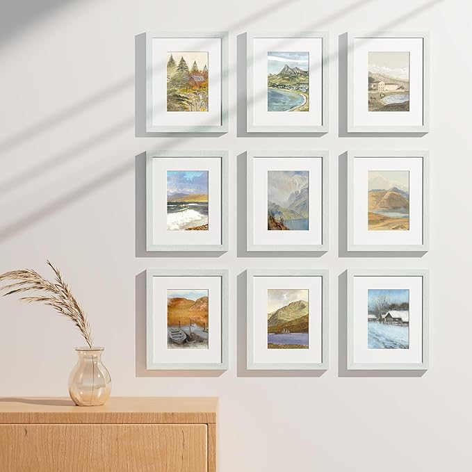 Vittanly 8x10 Picture Frames Set of 9, Shatter Resistant Plexiglass, Display 5x7 Pictures with Mat or 8x10 without Mat, Photo Frames for Wall or Tabletop, Engineered Wood, Vintage Green-Ruum Studio Home