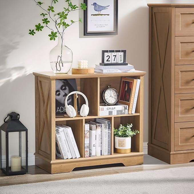 Farmhouse 5 Cube Bookshelf, Storage Organizer Bookcase, Kids Toy Storage Cabinet, Small Bookshelves Storage Organizer Shelf, Wood Display Cabinet Book Shelves for Bedroom,Living Room,Natural Oak-Ruum Studio Home