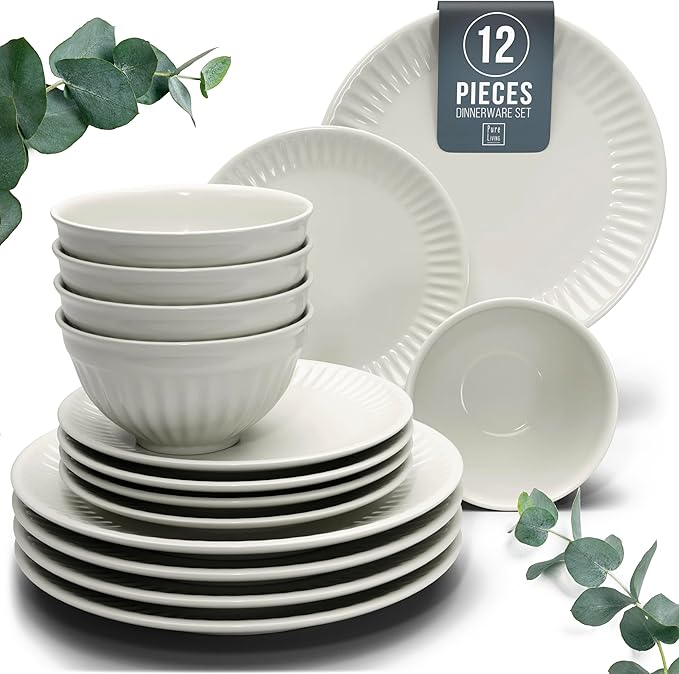 Stoneware Dinnerware Set for 4 People HYGGE 12-Piece - Elegant Scandi Design - Premium Dish Set - Bowl and Plate Set - Tableware for 4 People in a Ribbed Design - Pure Living in Beige-Ruum Studio Home