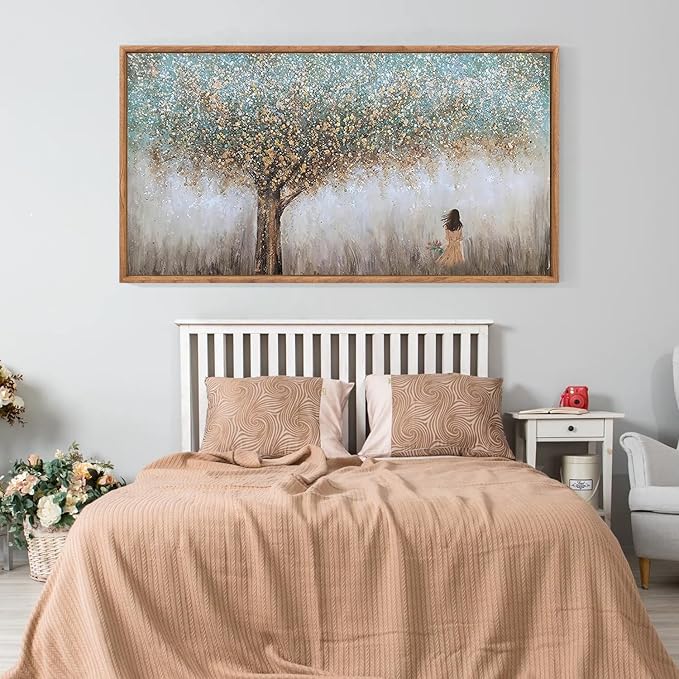 Aurlan Tree of Life Hand Painted Framed Wall Decor(40"x20"), Large Abstract Girl under Tree Oil Painting Canvas Artwork, Modern Nature Landscape Art for Office Living Room Bedroom-Ruum Studio Home