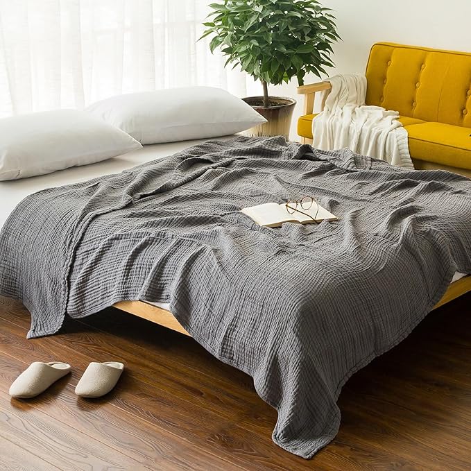EMME Cotton Blanket Queen Size for Bed Soft Large Muslin Bed Blankets 90"*90" Lightweight Breathable Grey Blanket All Season Gauze Blanket, Grey-Ruum Studio Home
