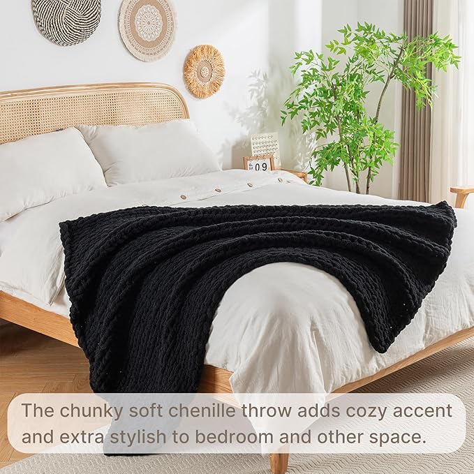 Chunky Knit Blanket Throw, 100% Hand Knit Throw Blanket Handmade Chenille Cable Knit Throw for Couch, Stylish Cozy Soft Rope Knot Crochet Blanket for Home Decor, Black, 50x60 Inches-Ruum Studio Home
