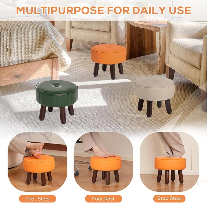 13in Small Foot Stool Ottoman, Round Faux Leather Foot Rest for Couch, Under Desk Pouf Footstool Footrest with Non-Skid Rubber Legs for Ling Room, Bedroom, 13''L x 13''W x 10.2''H, Orange-Ruum Studio Home