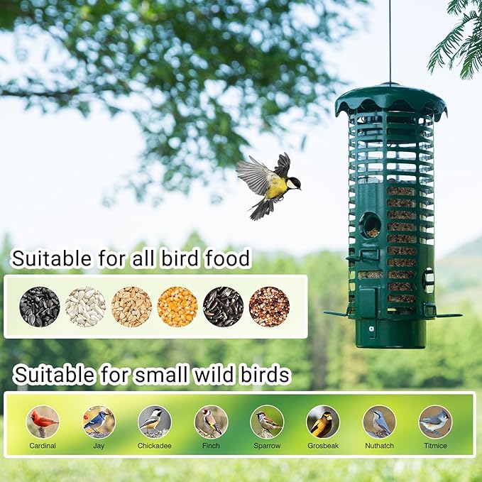 Squirrel Proof Bird Feeder Metal Mesh for Outdoors Hanging,Weight Activated Weatherproof Wild Bird Feeders with Finch Cardinal Chickadee,Large Capacity(Green)-Ruum Studio Home