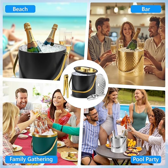 Ice Bucket, Ice Bucket with Silicone Sealing Ring Double-Wall Vacuum Insulation Champagne Buckets with Filter Layer Ice Tongs Ice Scoop (Black, 4 L)-Ruum Studio Home