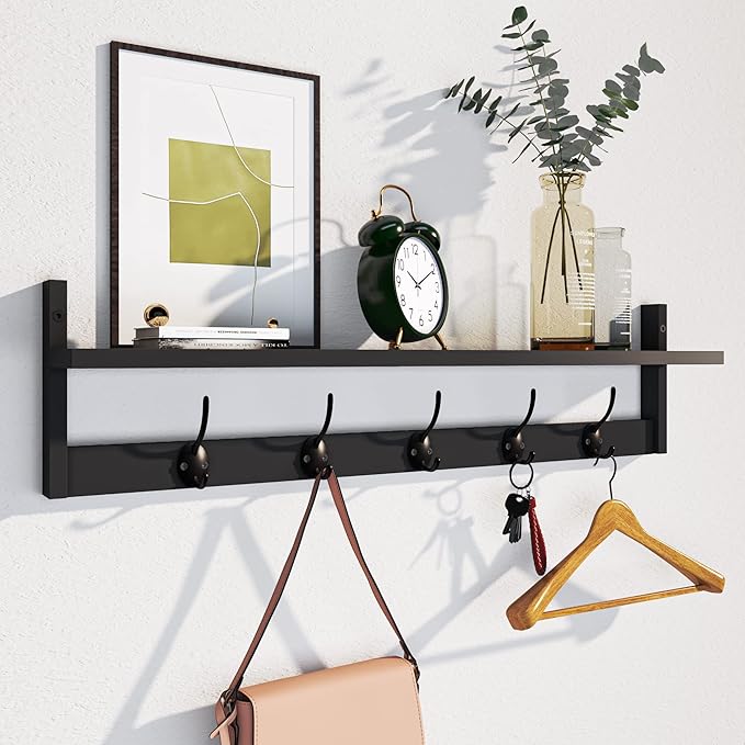 AMBIRD Wall Hooks with Shelf Entryway Hanging Wood Coat Hooks with Shelf Wall-Mounted Coat Hook Rack with 5 Dual Hooks for Bathroom, Living Room, Bedroom (Stylish)-Ruum Studio Home