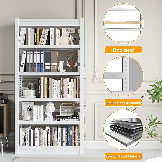61" H Metal Bookshelf, 5 Tier Adjustable Bookshelf, White Small Bookcase, Bedroom Bookshelves and Bookcases, Modern Book Shelf for Living Room, Office, Easy Tool-Free Assembly-Ruum Studio Home
