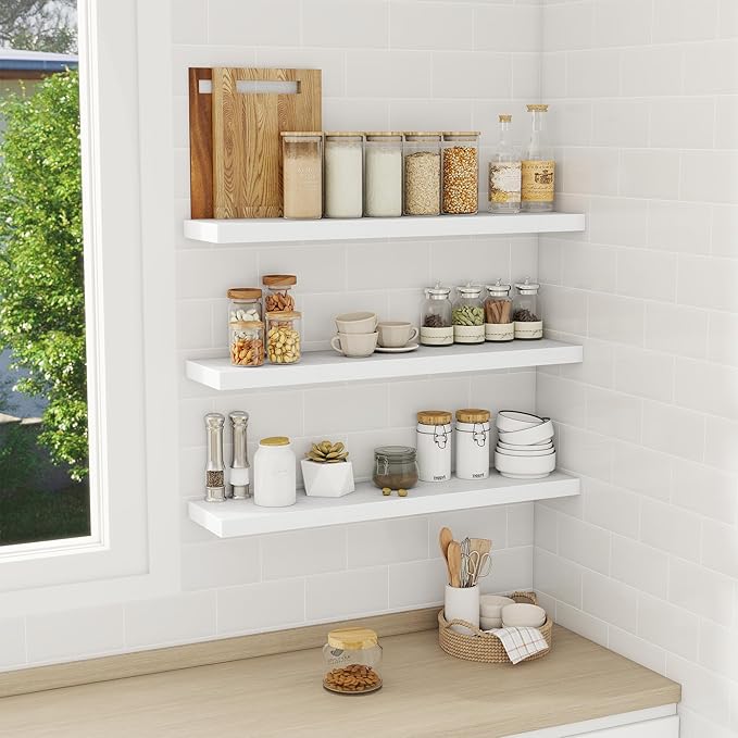 Fun Memories 32 Inch Floating Shelves Wall Shelf Set of 3, White Bathroom Shelves 32 Inch, Farmhouse Home Decor Living Room, Kitchen White Shelves for Wall, 32 x 6.7 x 1.4 Inch-Ruum Studio Home