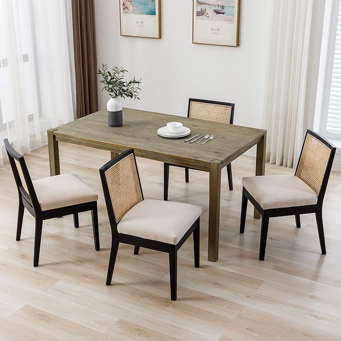 VESCASA Upholstered Dining Chairs with Square Rattan Back, Armless Padded Linen Cushion Dining Chairs with Wood Legs for Dining Room, Kitchen, Set of 6, Black Frame-Ruum Studio Home