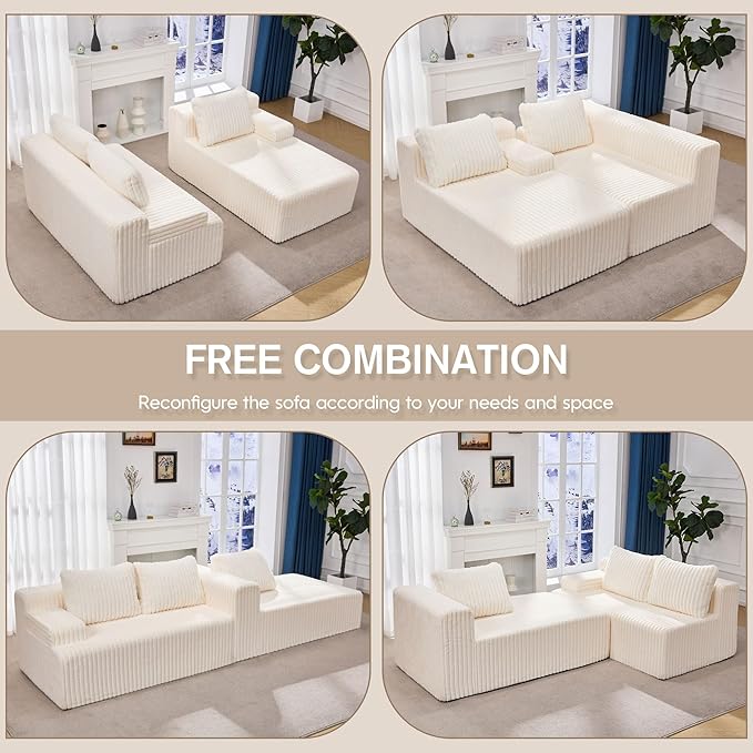 Hobestluk Modular Sectional Sofa Couches 108" L-Shape Couch 3 Seat Modular Sofa Memory Foam Sectional Couches for Living Room, Boneless Couch with Oversized Chaise (White, Right Facing)-Ruum Studio Home