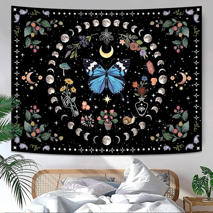 Aipon Blue Butterfly Moon Flower Tapestry Botanical Boho Plant Floral Wall Hanging for Bedroom and Living Room (36.00'' 48.00'', Blue)-Ruum Studio Home