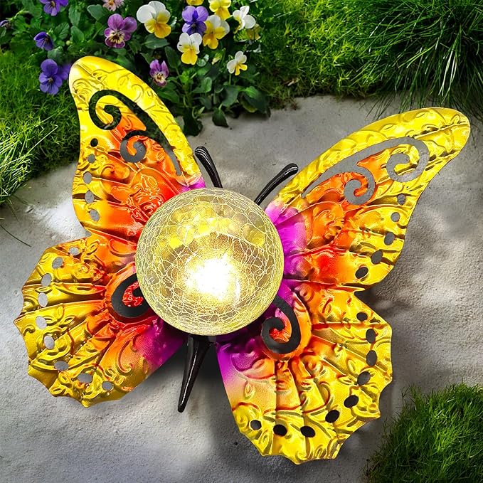 Solar Lights Outdoor Garden Butterfly Decor, Metal Butterfly Statue Decoration with LED Crackle Glass Globe, Solar Powered Lighted Garden Art Decor for Patio Lawn Yard Pathway Tabletop Ground-Ruum Studio Home