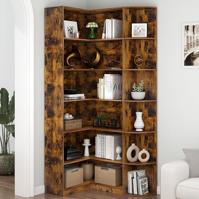 Loomie Bookshelves, 6 Tiers Shelf Large Tall Corner Etagere Bookcase with Full Baffle, L-Shaped Modern Storage Display Industrial Book Shelf for Bedroom, Home Office, Living Room & Kitchen, Rustic-Ruum Studio Home