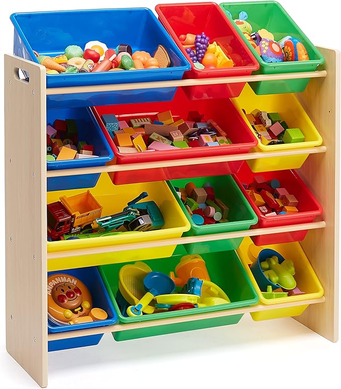 Amazon Basics Kids Toy Storage Organizer With 12 Plastic Bins, Natural Wood With Bright Bins, 10.9" D x 33.6" W x 31.1" H-Ruum Studio Home