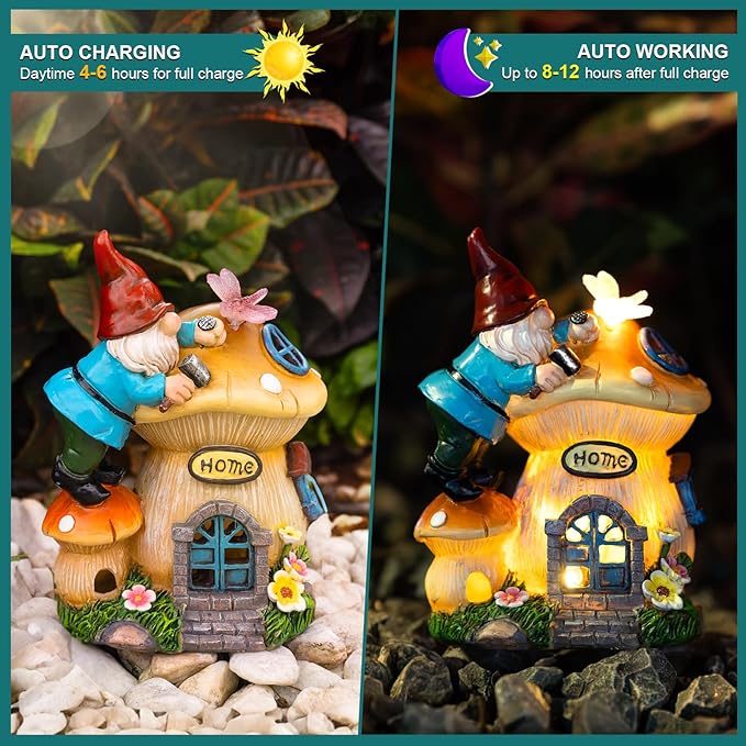 Garden Gnome Statues Figurine Lights - Solar Powered Lighting Outdoor Decorations, Gnome Build Mushroom Fairy House, Yard Art Lawn Ornaments for Porch Patio Balcony - Gnome Gifts for Women Mom-Ruum Studio Home