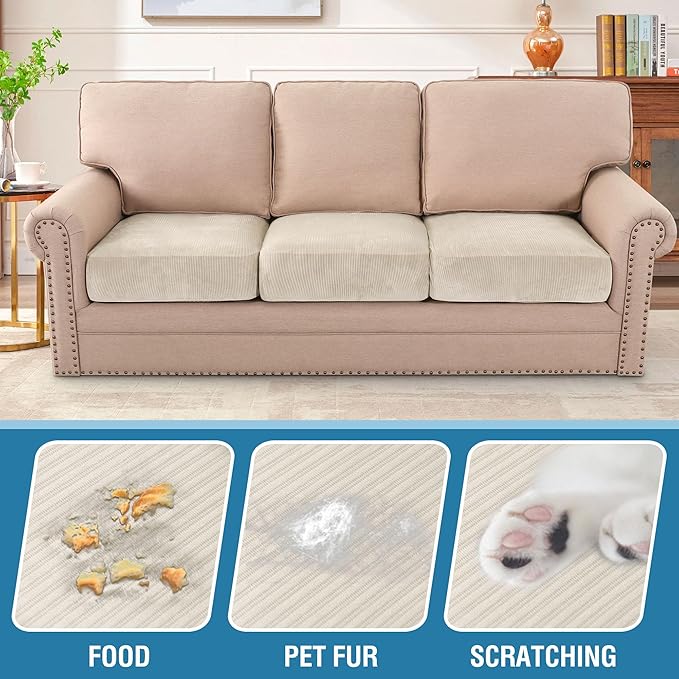 H.VERSAILTEX Velvet Stretch Couch Cushion Cover Plush Cushion Slipcover for Chair Loveseat Sofa Cushion Furniture Protector Seat Cushion Sofa Cover (3 Piece XL Sofa Cushion Covers, Ivory Striped)-Ruum Studio Home