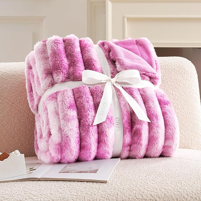 Cozy Bliss Faux Fur Throw Blanket for Couch, Cozy Warm Plush Striped Blanket for Sofa Bedroom Living Room,50 * 60 Inches Tie-dye Pink-Ruum Studio Home
