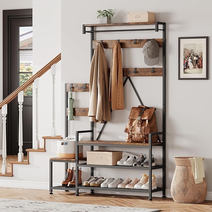 IDEALHOUSE Hall Tree with Bench and Shoe Storage Parent-Child Coat Rack Shoe Bench Industrial Coat Tree Entryway Large Organizer with Shoe Rack, Storage Cubbies, Hooks, and Top Shelf-Ruum Studio Home