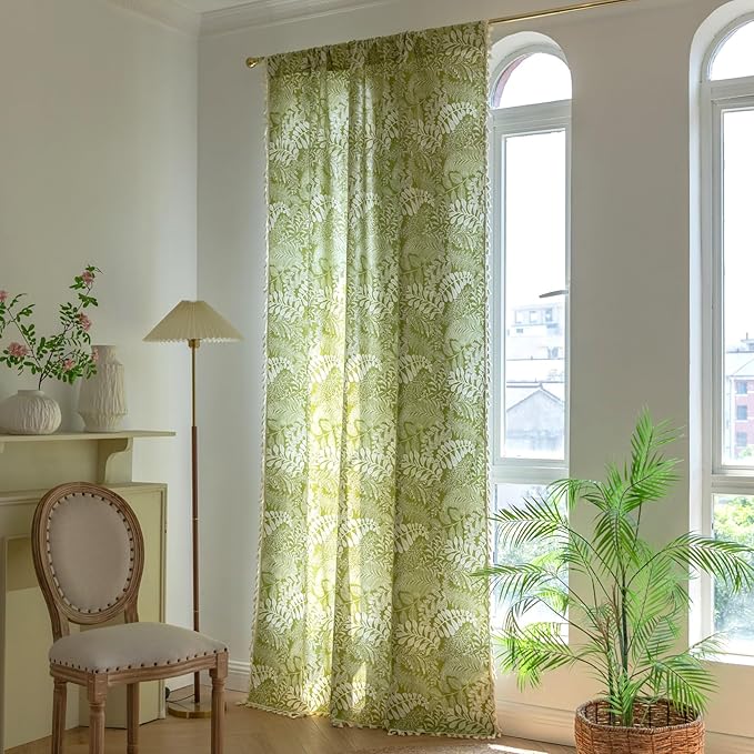 Sutuo Home Boho Curtains 84 Inches Length for Bedroom Living Room, Printed Cotton Linen Rod Pocket Rustic Farmhouse Bohemian Tassels Window Treatment, 1 Panel 59" W x 84" L, Green Botanic Leaves-Ruum Studio Home
