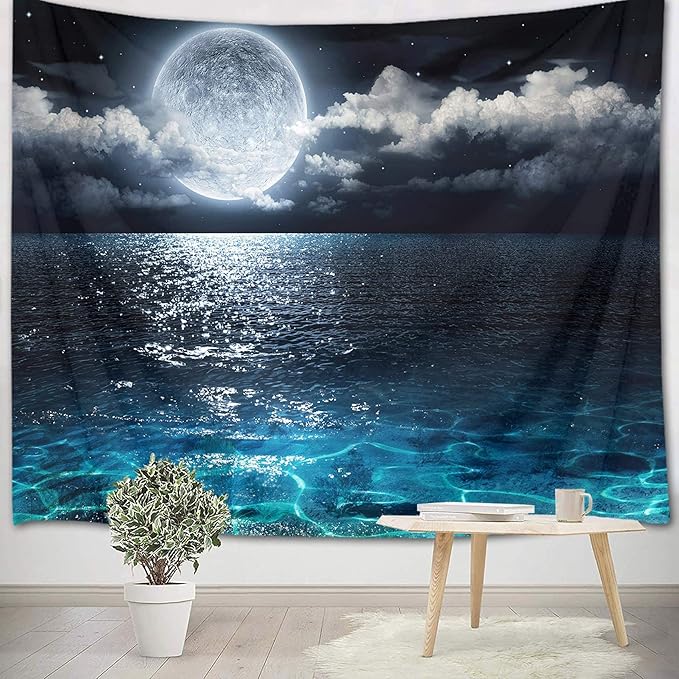 LB Night Sky Ocean Tapestry Full Moon on Sea Tapestry Wall Hanging Fantasy White Cloud Watercolor Wall Art for Bedroom Living Room Dorm Wall Decor, 59Wx51H inches-Ruum Studio Home