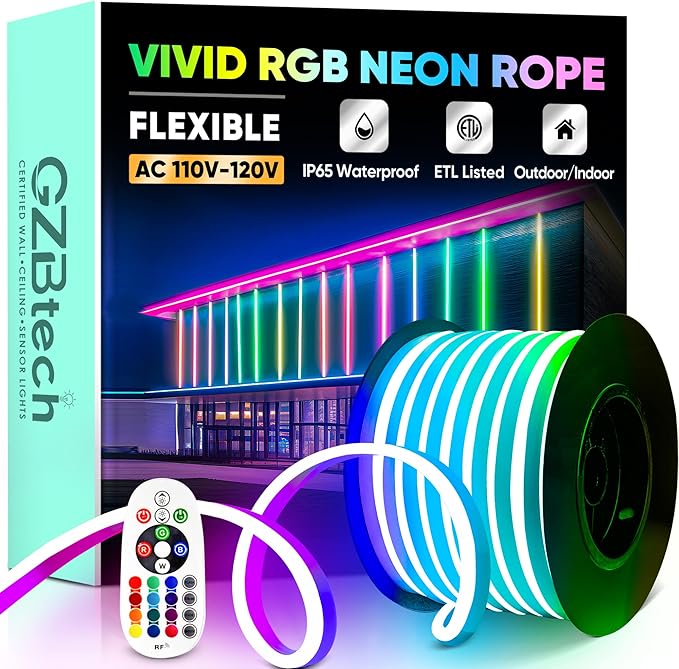 GZBtech RGB LED Neon Rope Lights 66FT/20M, AC 110-120V Waterproof Color Changing LED Rope with Remote Controller, Dimmable Multi Color Neon Rope Lighting for Indoor Outdoor Commercial Use-Ruum Studio Home