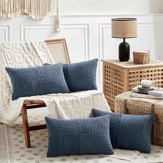 Fancy Homi 2 Packs Dusty Blue Lumbar Decorative Throw Pillow Covers 16x32 Inch for Couch Bed Sofa, Rustic Farmhouse Boho Home Decor, Soft Striped Corduroy Rectangle Accent Cushion Case 40x80 cm-Ruum Studio Home
