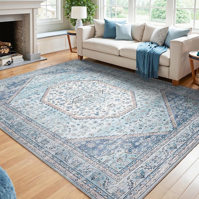 DCX Machine Washable Blue and Beige Area Rugs 5x7, Non Slip Stain Resistant Vintage Floral Rug for Living Room Bedroom Nursery, Soft Low Pile Large Carpet-Ruum Studio Home